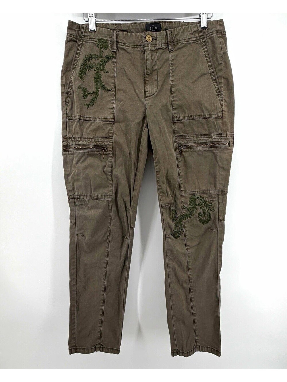 White House Black Market Womens Green Twill Slim Cargo Pants Embroidered 25"